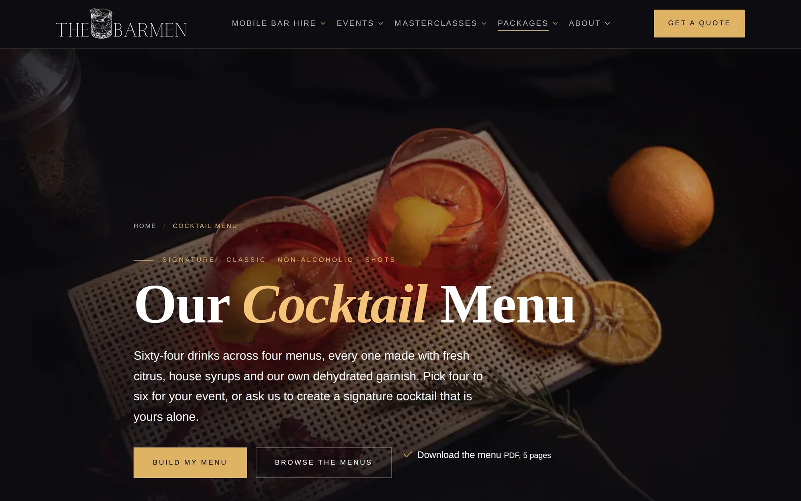 The cocktail menu page